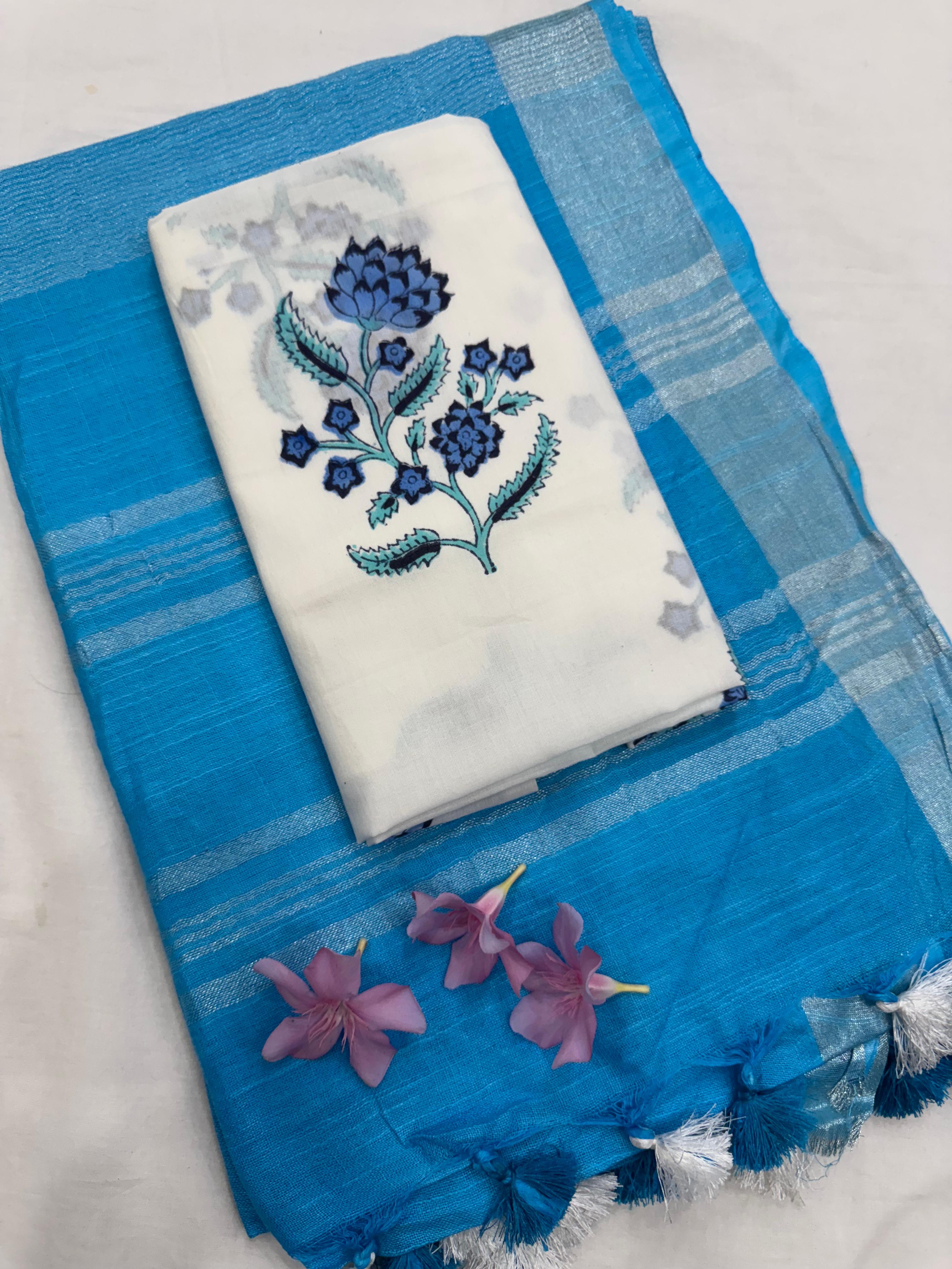 Blue Saree with White Floral Butti Blouse Fabric – Premium handblock printed Cotton Mul Saree wholesale for retailers and boutiques